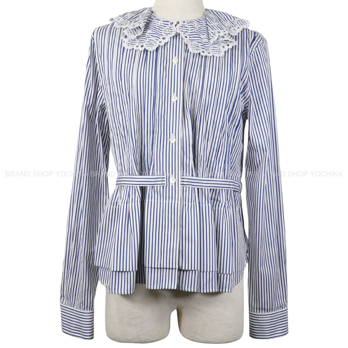 2022SS LOUIS VUITTON Blouse Monogram Stripe Peter Pan Collar Bayadere Blanc (White)/Blue Cotton #36 1A9021[EXCELLENT][Authentic]