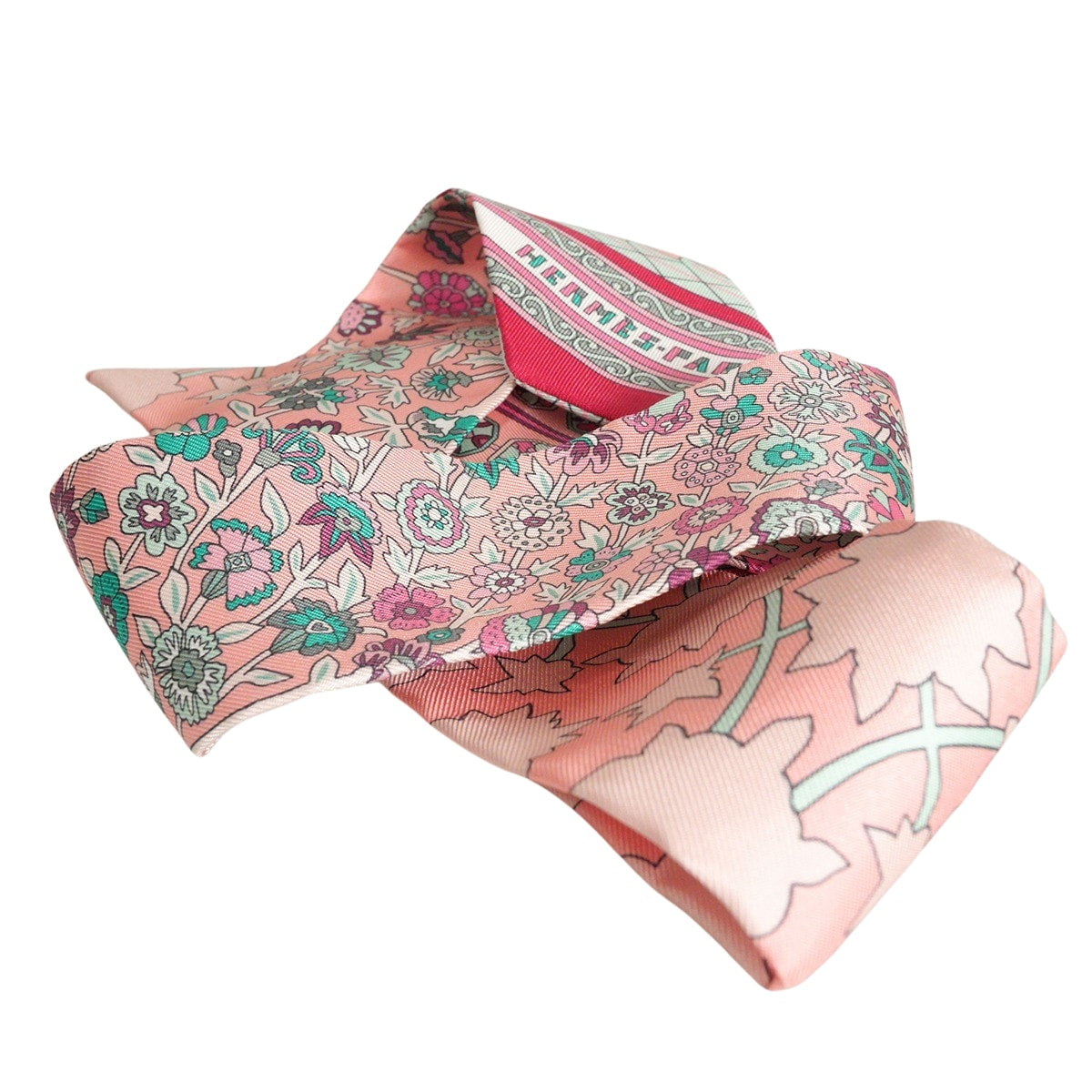 HERMES scarf Twilly Tapis Persans Rose/Vert d'eau/Cream Silk100%[EXCELLENT][Authentic]