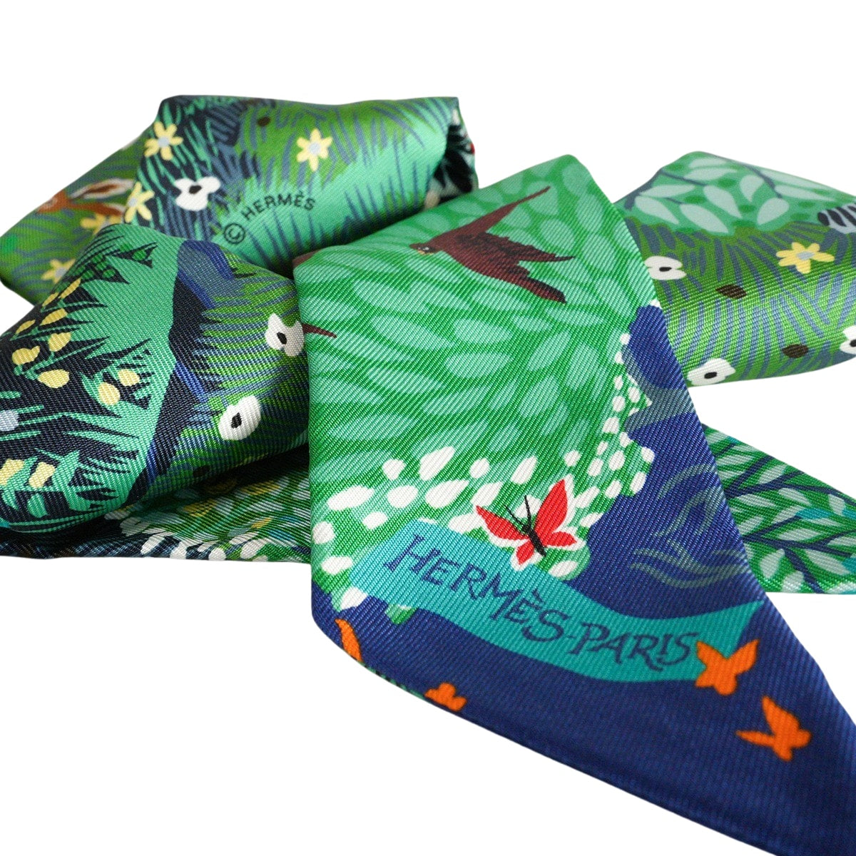 HERMES scarf Twilly Dans Un Jardin Anglais Marine/Vert/Rouge Silk100%[EXCELLENT][Authentic]