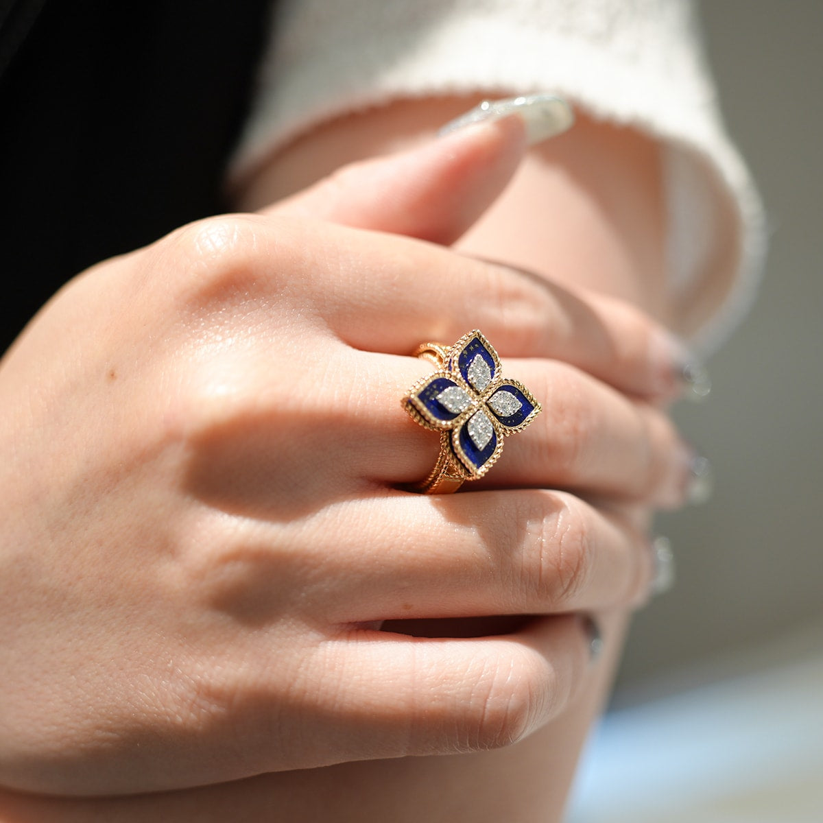 [Pre-loved] Roberto Coin ring Princess Flower Smallpink gold K18PG/Lapis Lazuli/Azure stone/Diamond #51 ADV888RI1837[LIKE NEW][Authentic]