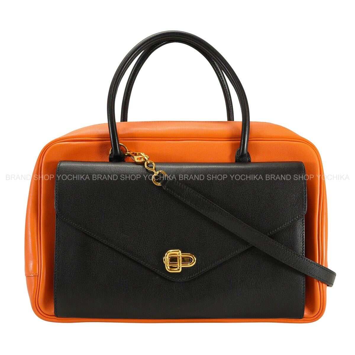 [Pre-loved] HERMES Handbag Lorraine Orange/Noir (Black) Veau Gulliver Stamp □C[USED AB][Authentic]