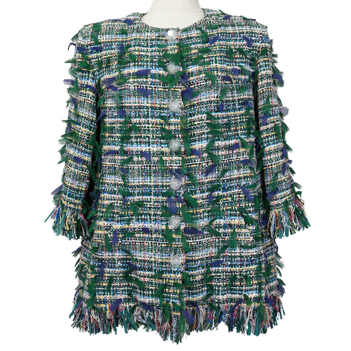 2018 CHANEL Plainly colored jacket Three quarter Sleeve Tweed jacket Clear Buttons Green Cotton/Silk/Polyamide/Viscose #36 P58629[EXCELLENT][Authentic]