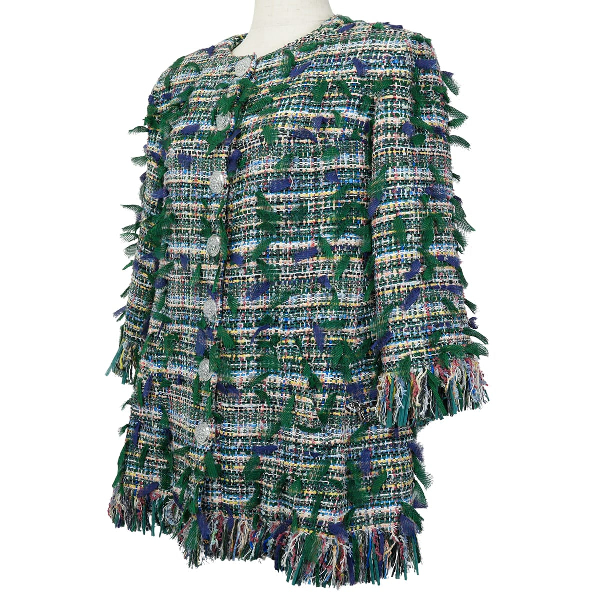 2018 CHANEL Plainly colored jacket Three quarter Sleeve Tweed jacket Clear Buttons Green Cotton/Silk/Polyamide/Viscose #36 P58629[EXCELLENT][Authentic]