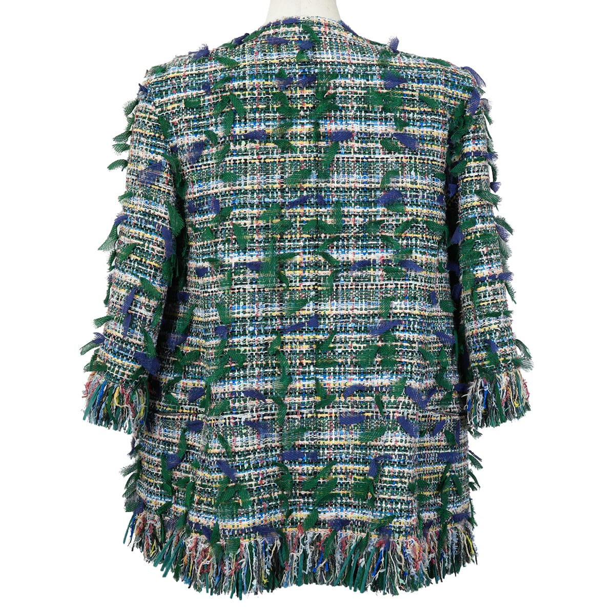 2018 CHANEL Plainly colored jacket Three quarter Sleeve Tweed jacket Clear Buttons Green Cotton/Silk/Polyamide/Viscose #36 P58629[EXCELLENT][Authentic]