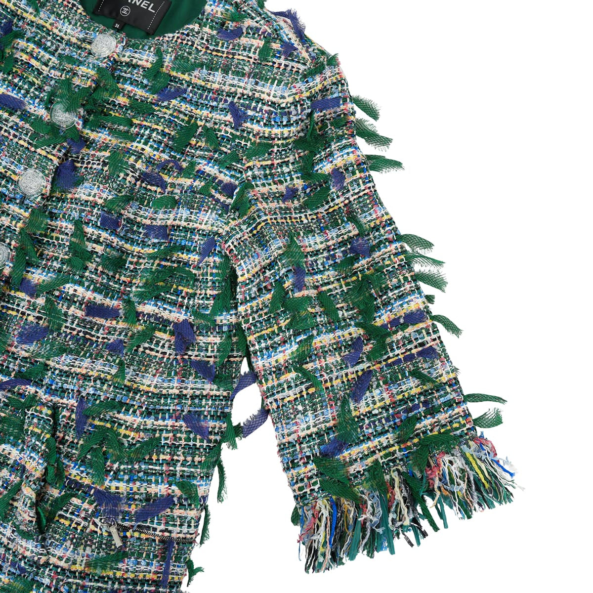 2018 CHANEL Plainly colored jacket Three quarter Sleeve Tweed jacket Clear Buttons Green Cotton/Silk/Polyamide/Viscose #36 P58629[EXCELLENT][Authentic]