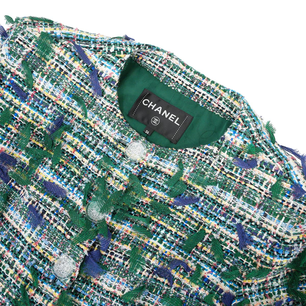 2018 CHANEL Plainly colored jacket Three quarter Sleeve Tweed jacket Clear Buttons Green Cotton/Silk/Polyamide/Viscose #36 P58629[EXCELLENT][Authentic]