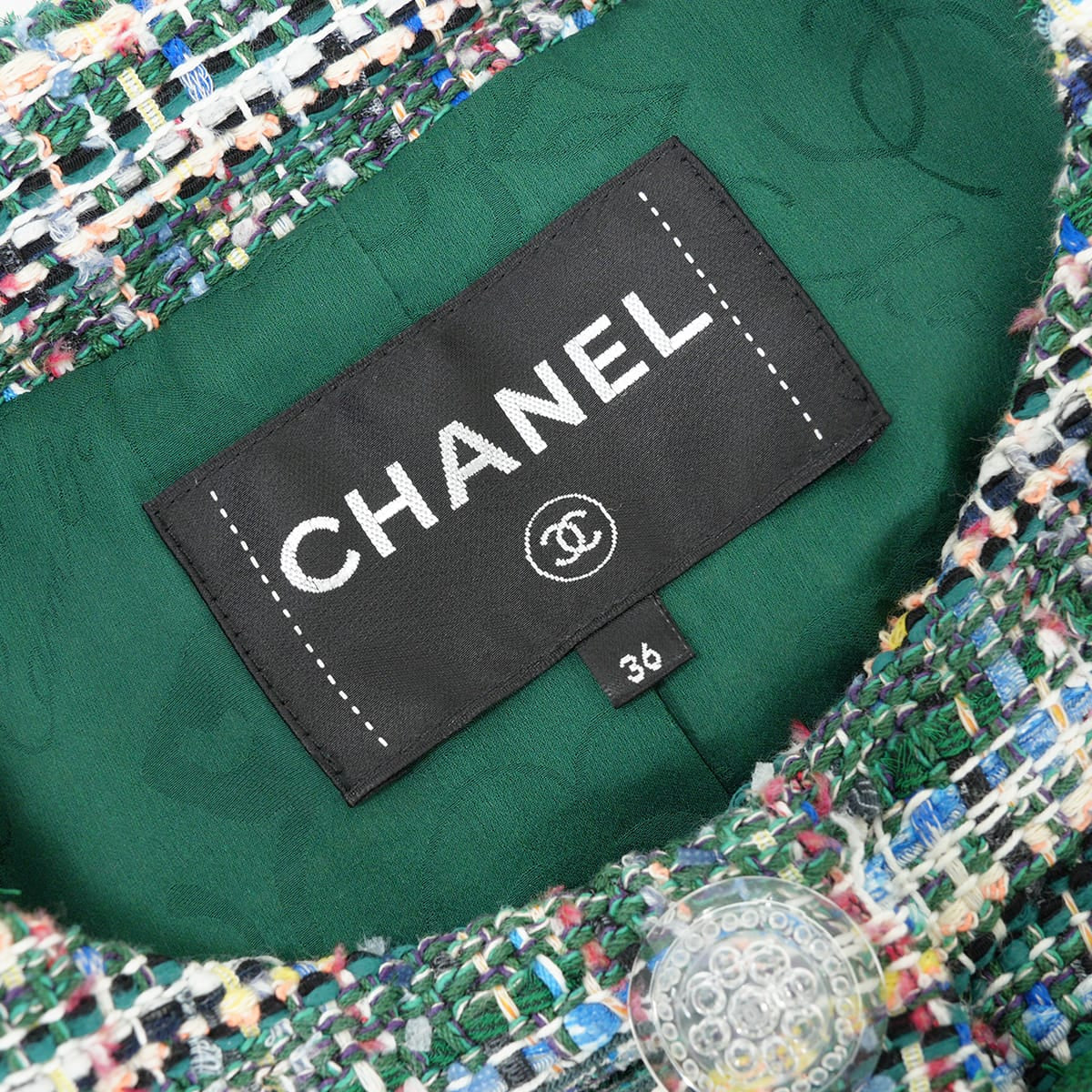 2018 CHANEL Plainly colored jacket Three quarter Sleeve Tweed jacket Clear Buttons Green Cotton/Silk/Polyamide/Viscose #36 P58629[EXCELLENT][Authentic]