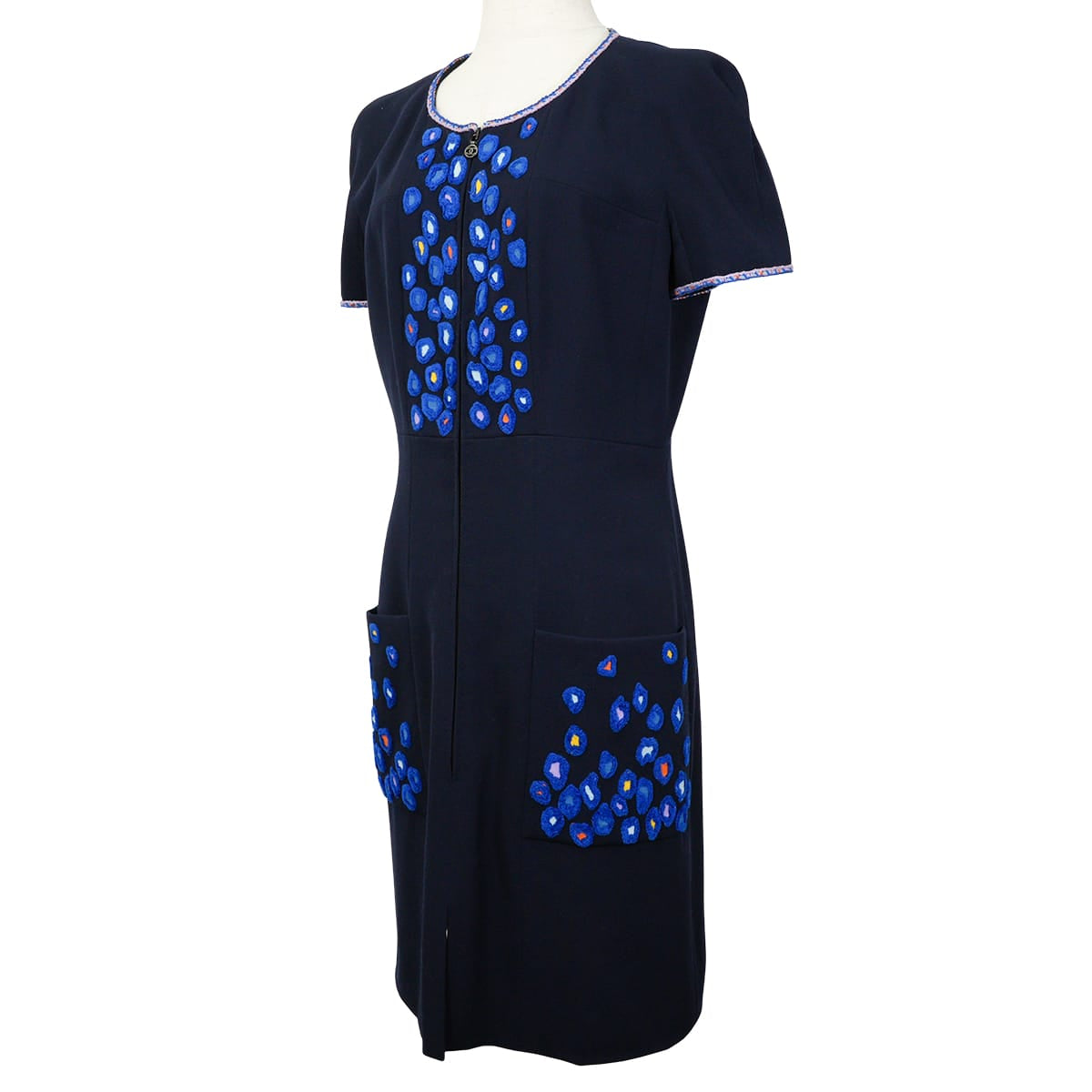 [Pre-loved] 1997AW CHANEL One‐piece dress Vintage Embroidery Half Sleeves Navy Wool #40 P09345[LIKE NEW][Authentic]