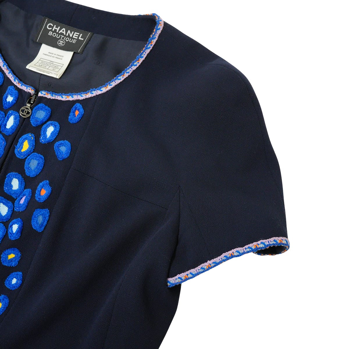[Pre-loved] 1997AW CHANEL One‐piece dress Vintage Embroidery Half Sleeves Navy Wool #40 P09345[LIKE NEW][Authentic]