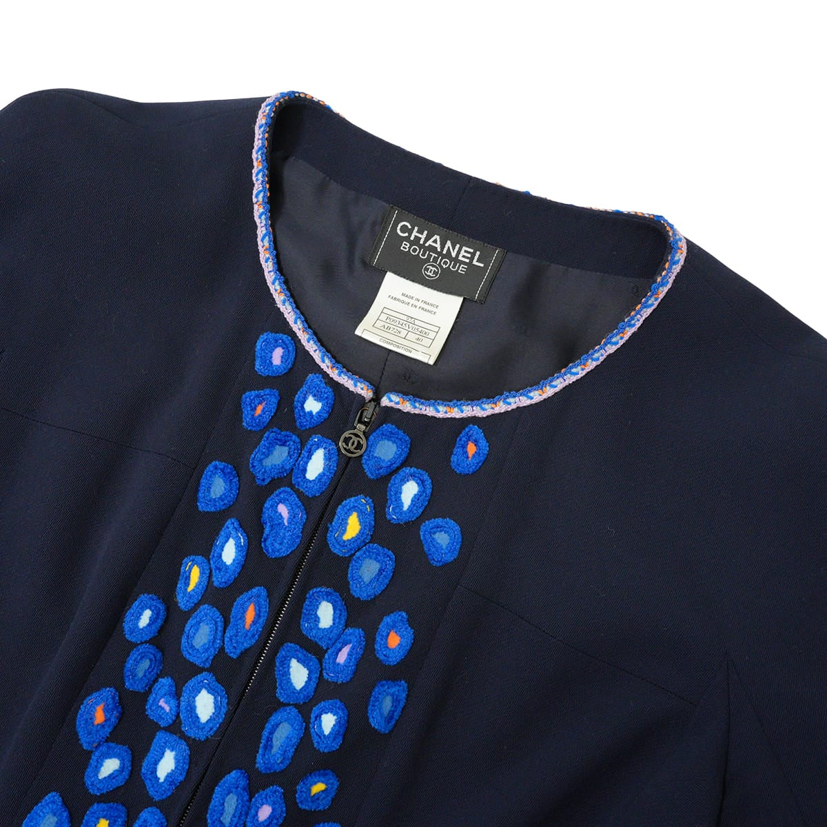 [Pre-loved] 1997AW CHANEL One‐piece dress Vintage Embroidery Half Sleeves Navy Wool #40 P09345[LIKE NEW][Authentic]