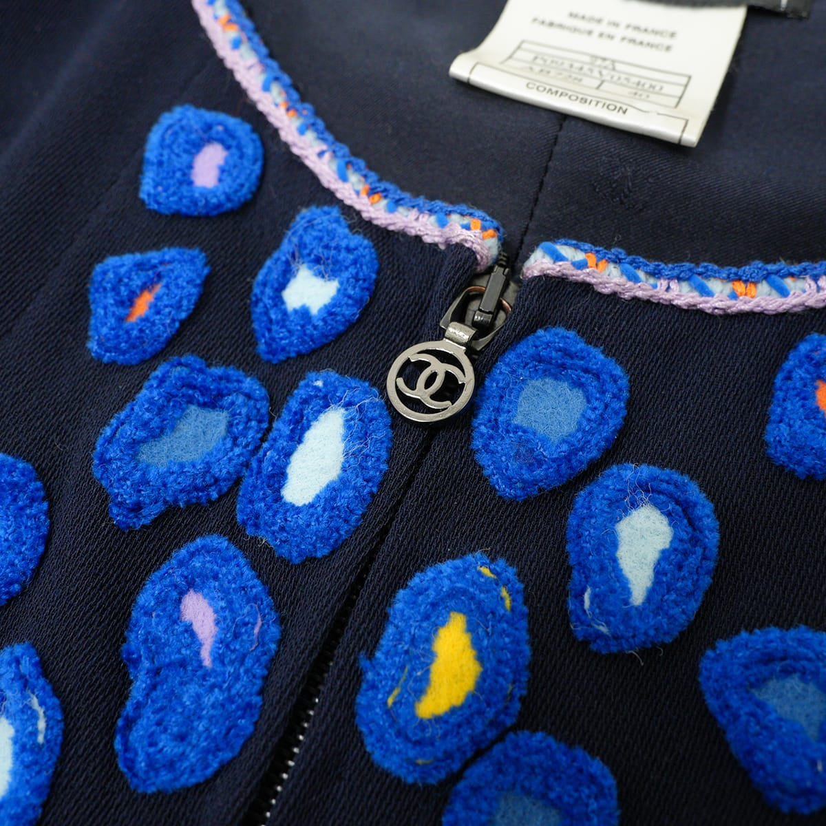 [Pre-loved] 1997AW CHANEL One‐piece dress Vintage Embroidery Half Sleeves Navy Wool #40 P09345[LIKE NEW][Authentic]