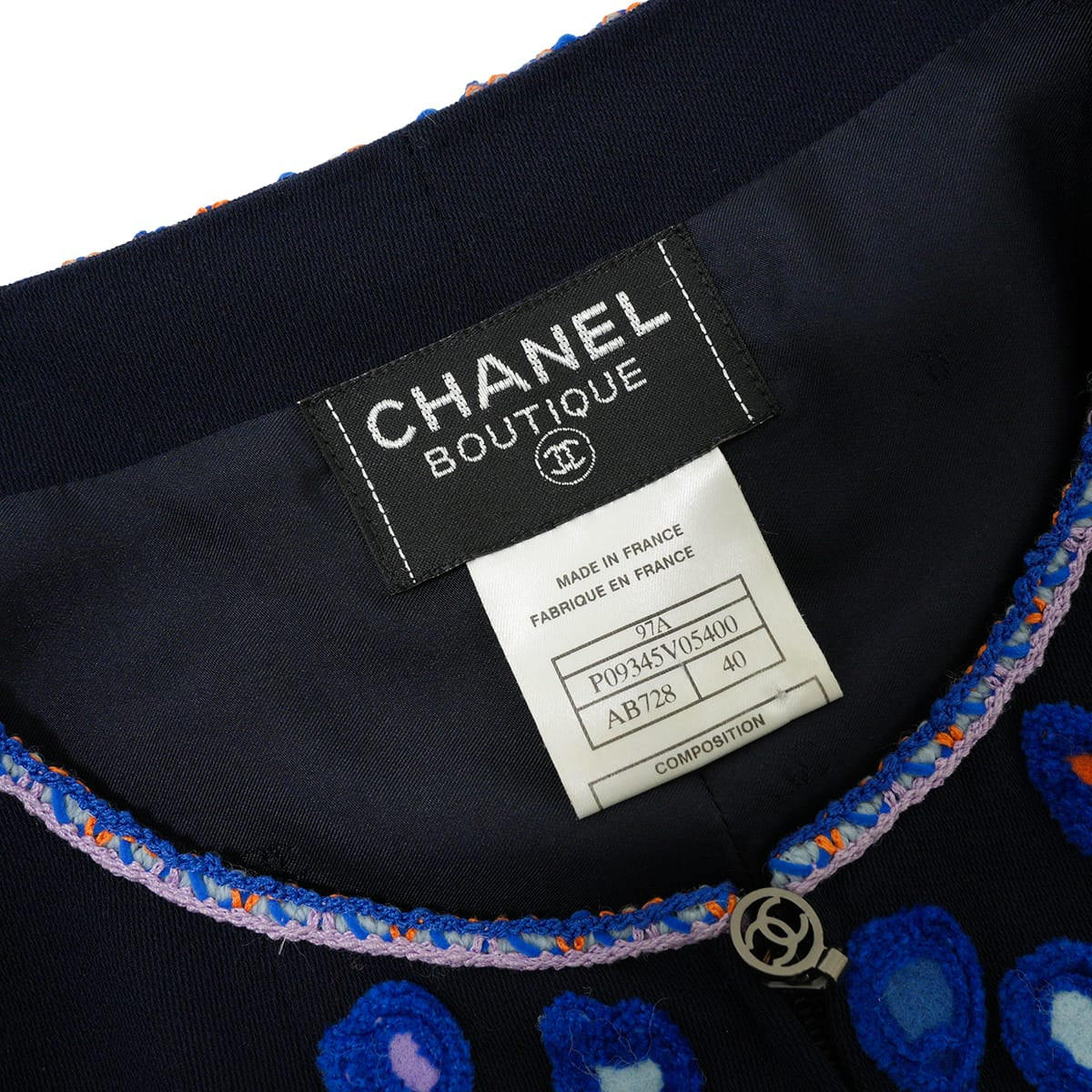 [Pre-loved] 1997AW CHANEL One‐piece dress Vintage Embroidery Half Sleeves Navy Wool #40 P09345[LIKE NEW][Authentic]