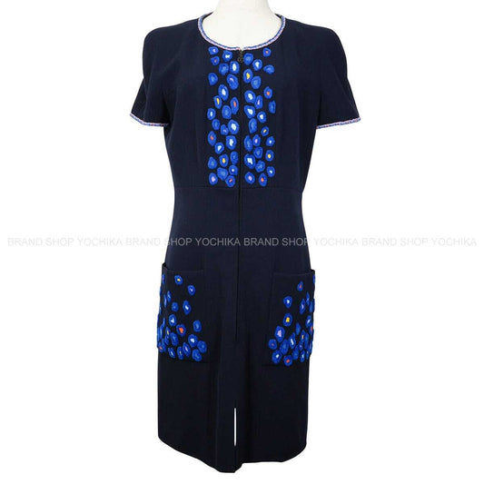 [Pre-loved] 1997AW CHANEL One‐piece dress Vintage Embroidery Half Sleeves Navy Wool #40 P09345[LIKE NEW][Authentic]