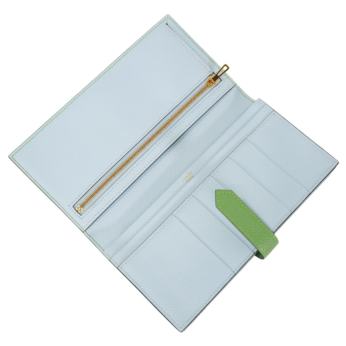 HERMES long wallet Bearn Soufflet Verso Vert criquet/Blue brume Veau Epsom Gold HW Stamp Y[EXCELLENT][Authentic]