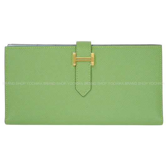 HERMES long wallet Bearn Soufflet Verso Vert criquet/Blue brume Veau Epsom Gold HW Stamp Y[EXCELLENT][Authentic]