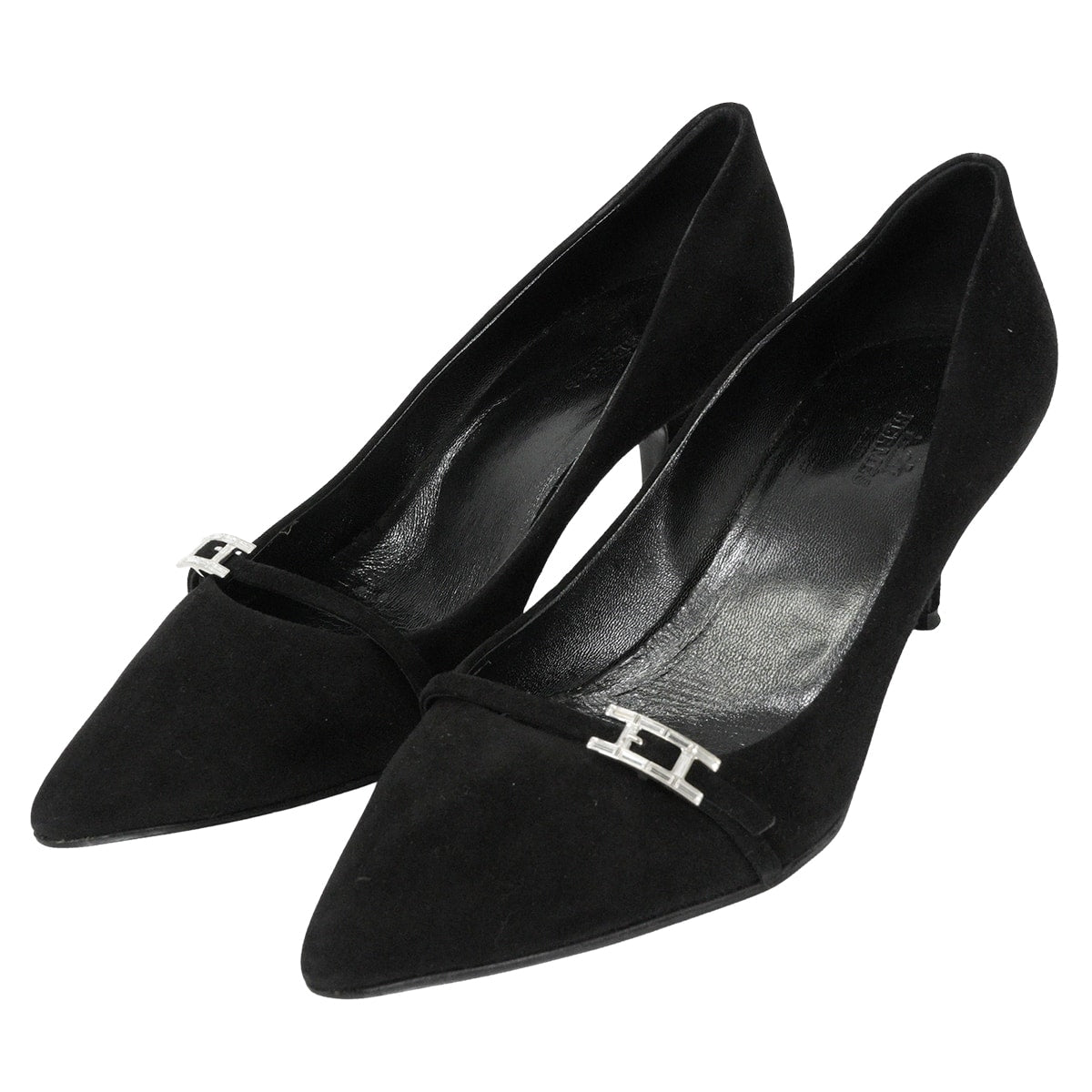 [Pre-loved] HERMES pumps Hapi Noir (Black) Suede 38.5 Silver HW[LIKE NEW][Authentic]
