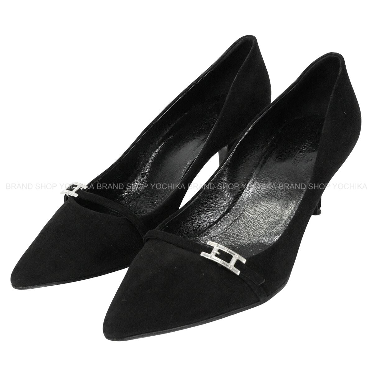 [Pre-loved] HERMES pumps Hapi Noir (Black) Suede 38.5 Silver HW[LIKE NEW][Authentic]