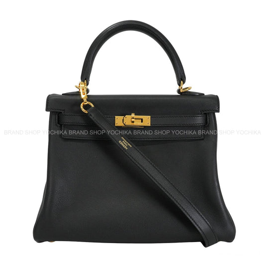 [Pre-loved] HERMES Shoulder bag Kelly25 Retourne Noir (Black) Veau Swift Gold HW Stamp X[USED SA][Authentic]