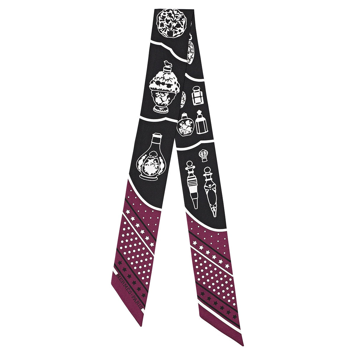 HERMES scarf Twilly Les Flacons Bandana Perfume Bottles Prune/Noir (Black)/Blanc (White) Silk100% H063157S 01[EXCELLENT][Authentic]