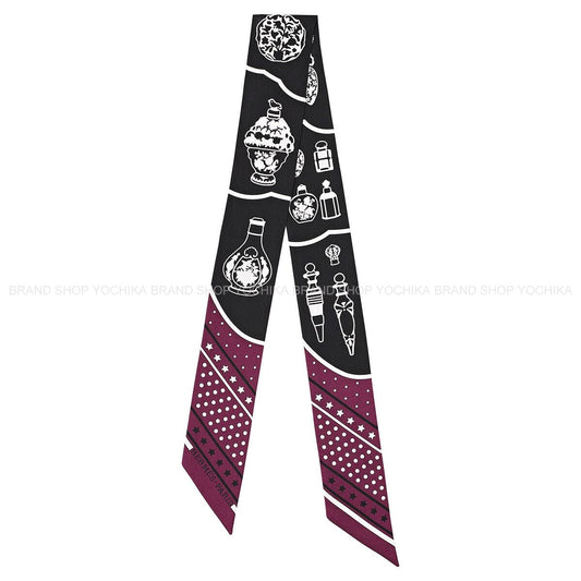 HERMES scarf Twilly Les Flacons Bandana Perfume Bottles Prune/Noir (Black)/Blanc (White) Silk100% H063157S 01[EXCELLENT][Authentic]