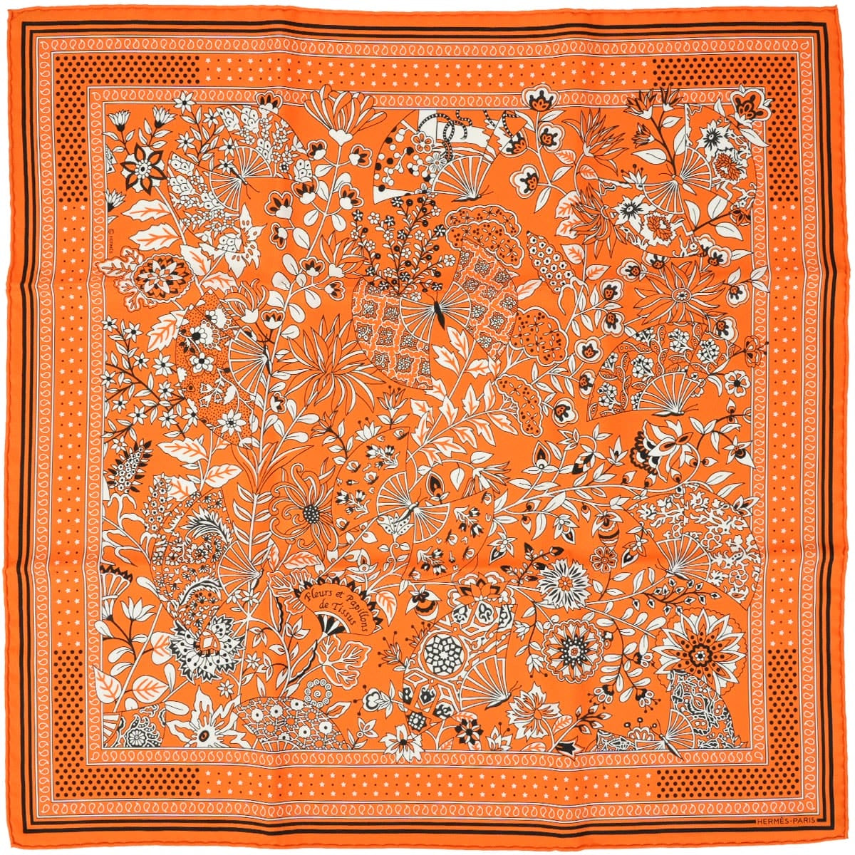 HERMES scarf Carre 55 Fleurs et Papillons de Tissus Orange/Noir (Black)/Blanc (White) Silk100% H042979S 07[EXCELLENT][Authentic]
