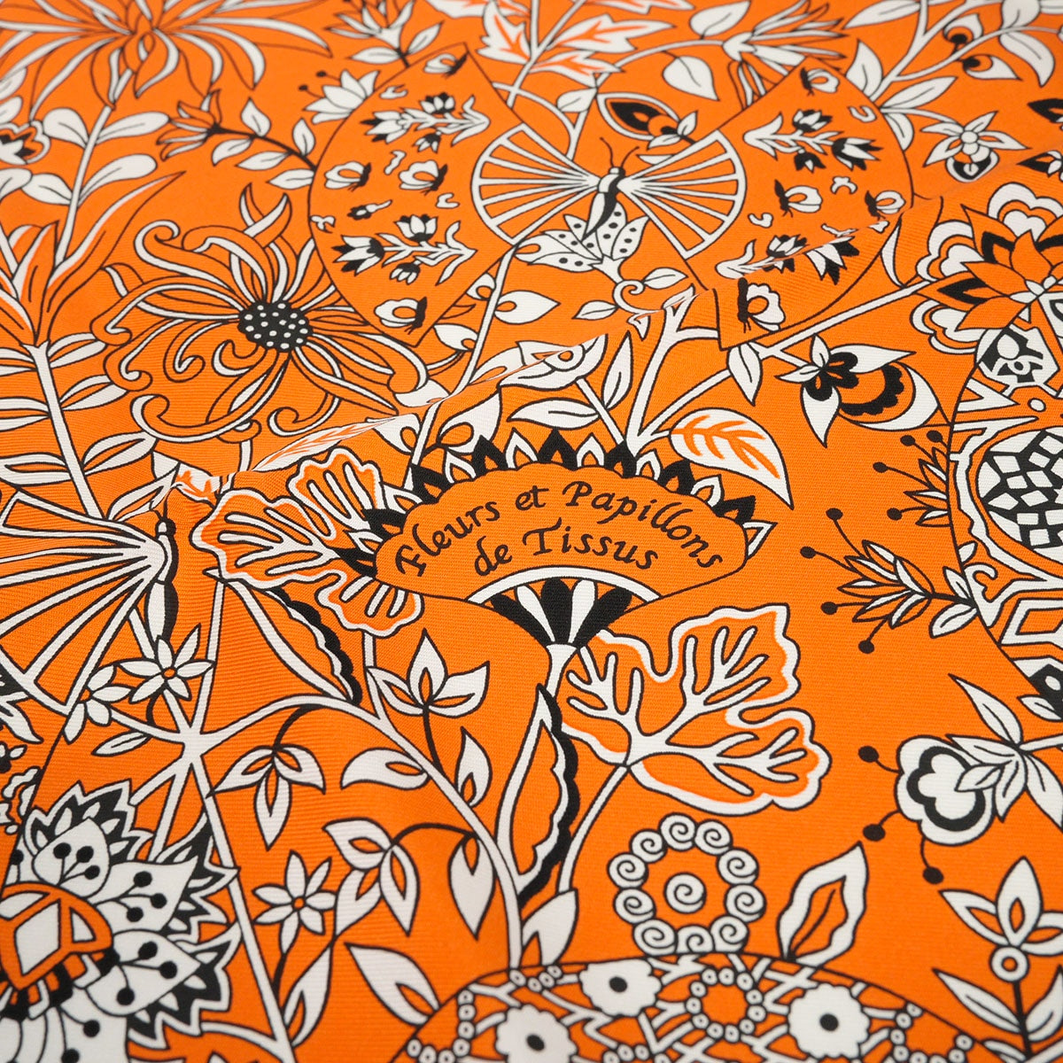 HERMES scarf Carre 55 Fleurs et Papillons de Tissus Orange/Noir (Black)/Blanc (White) Silk100% H042979S 07[EXCELLENT][Authentic]
