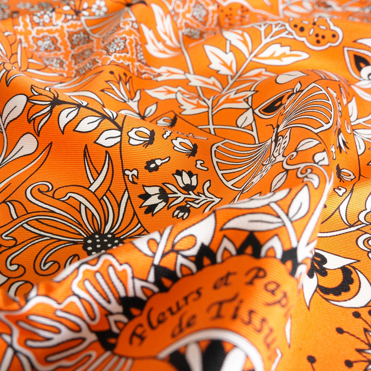 HERMES scarf Carre 55 Fleurs et Papillons de Tissus Orange/Noir (Black)/Blanc (White) Silk100% H042979S 07[EXCELLENT][Authentic]
