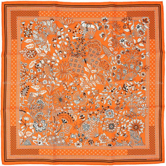 HERMES scarf Carre 55 Fleurs et Papillons de Tissus Orange/Noir (Black)/Blanc (White) Silk100% H042979S 07[EXCELLENT][Authentic]