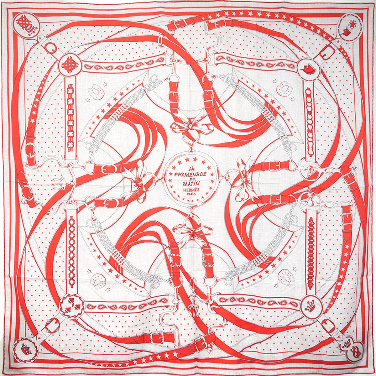 HERMES scarf Carre 140 Carre Geant La Promenade du Matin BandanaCoral/Noir (Black) Cashmere70% / Silk30%[EXCELLENT][Authentic]