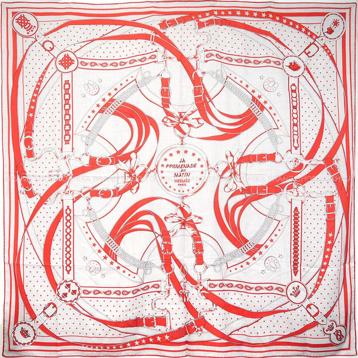 HERMES scarf Carre 140 Carre Geant La Promenade du Matin BandanaCoral/Noir (Black) Cashmere70% / Silk30%[EXCELLENT][Authentic]