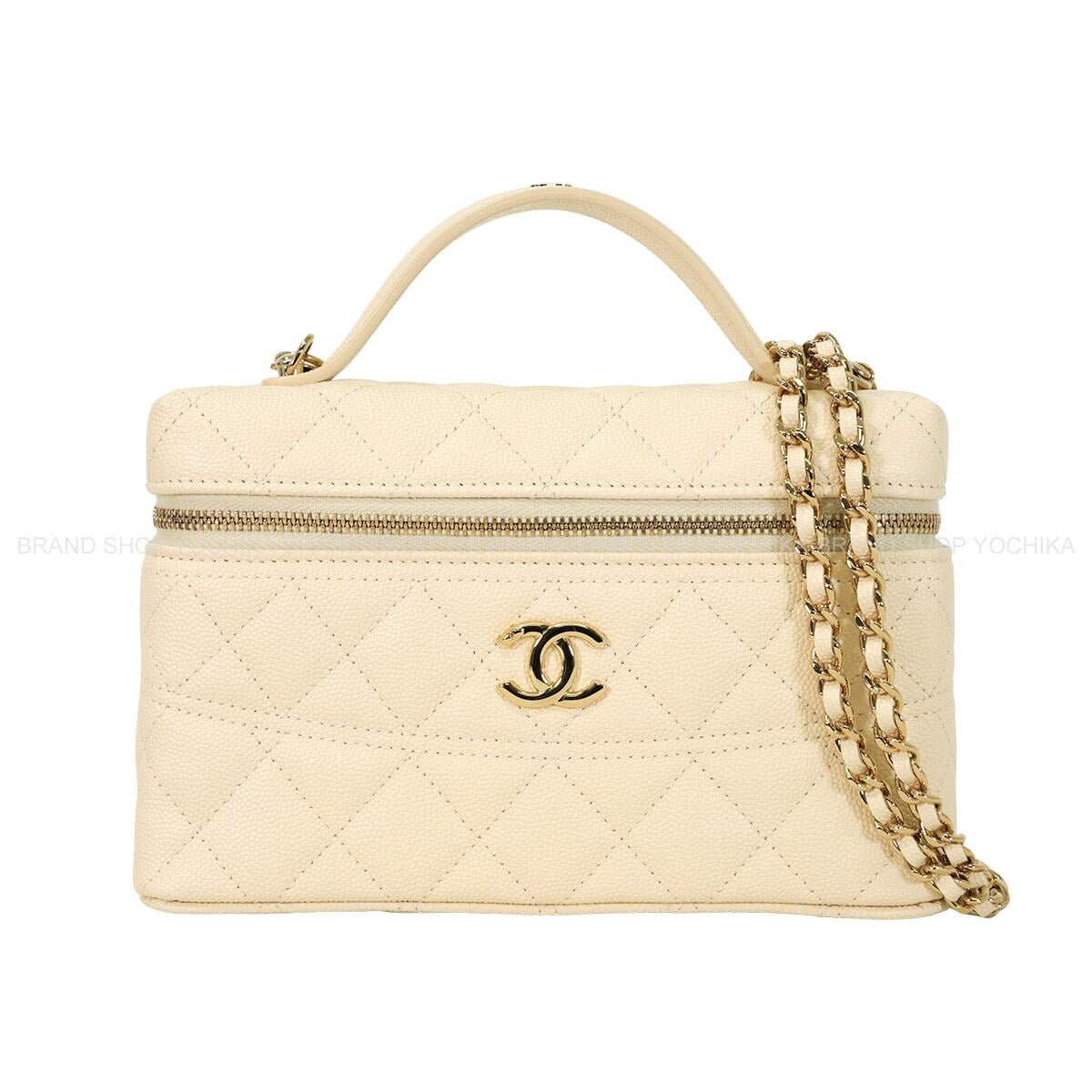 2025 Cruise Collection CHANEL Shoulder bag Chain Matelasse CC Logo Vanity CaseLight Beige Graind Calf(Caviarskin) Champagne Gold HW AP4407[BRAND NEW][Authentic]