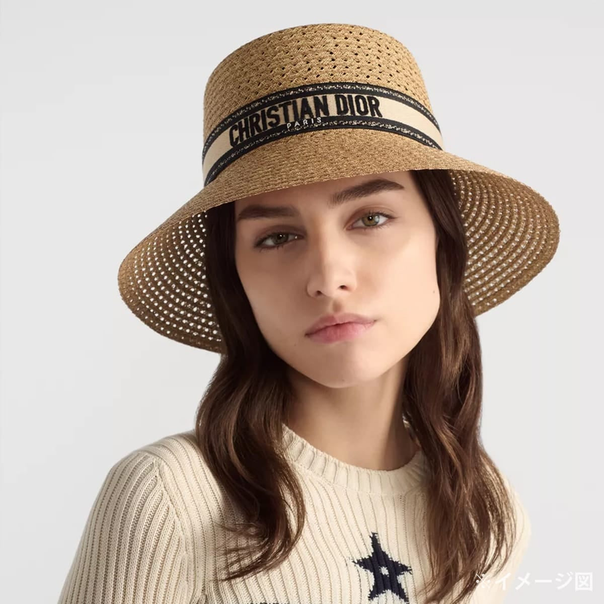 Dior hat D-Bobby Wide-Brim #59 Beige Straw Bow 34DBP924G153[EXCELLENT][Authentic]