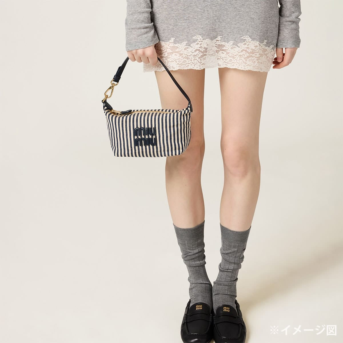 Miu Miu Pouch Stripe Logo Beige/Navy Jacquard Fabric Gold HW 5NE841_ACQ3_F0Z12[EXCELLENT][Authentic]