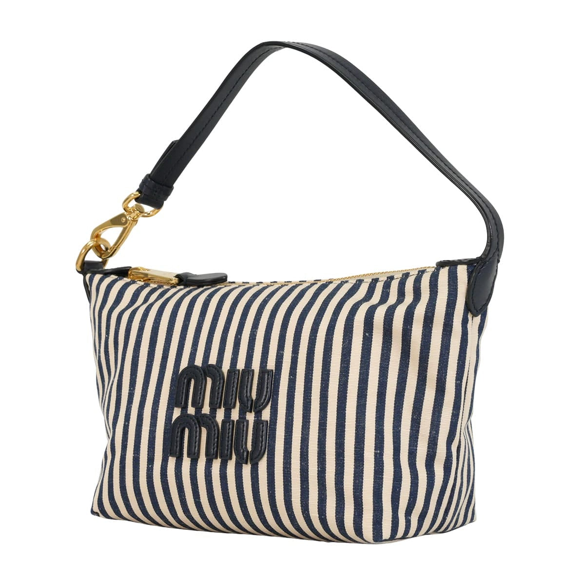 Miu Miu Pouch Stripe Logo Beige/Navy Jacquard Fabric Gold HW 5NE841_ACQ3_F0Z12[EXCELLENT][Authentic]
