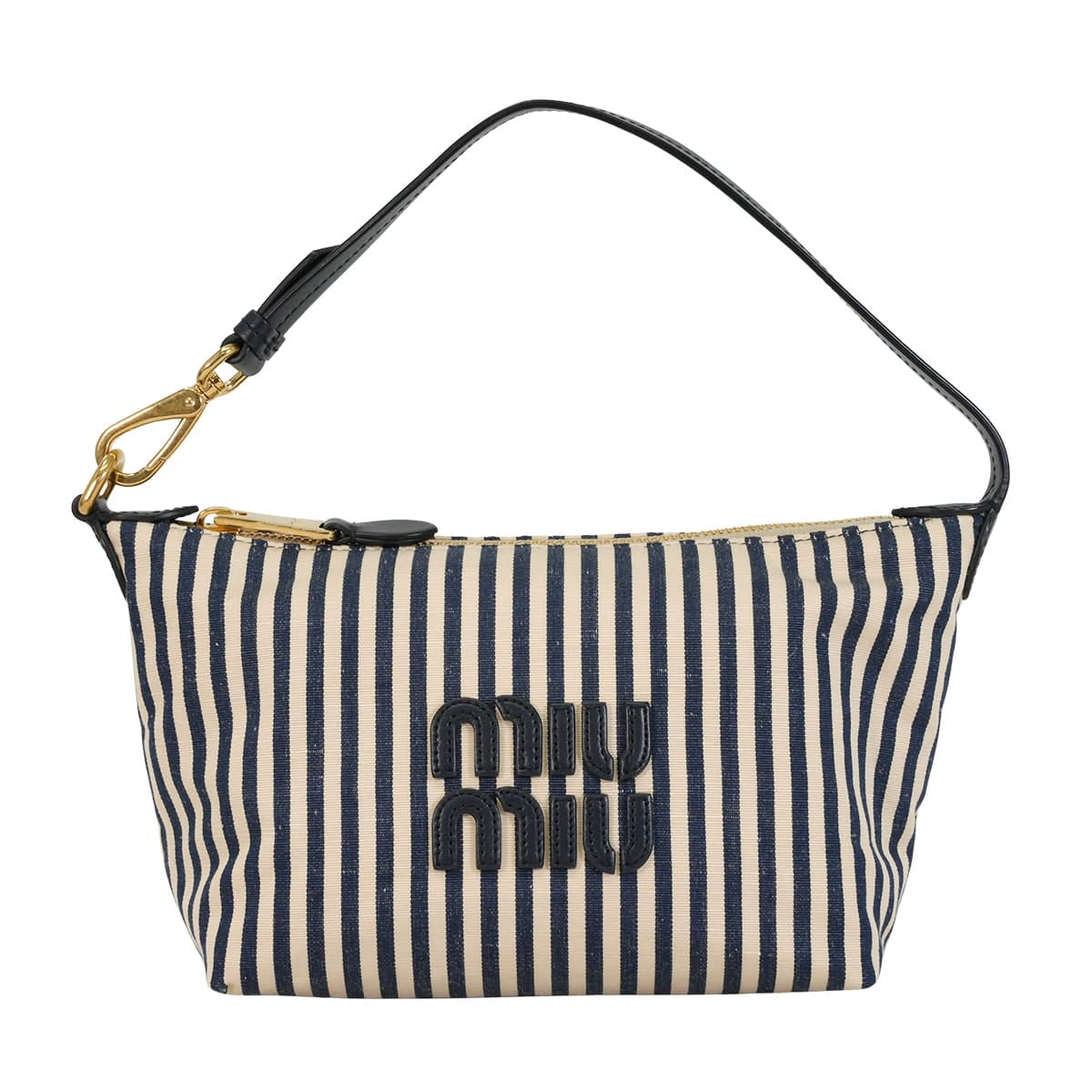 Miu Miu Pouch Stripe Logo Beige/Navy Jacquard Fabric Gold HW 5NE841_ACQ3_F0Z12[EXCELLENT][Authentic]