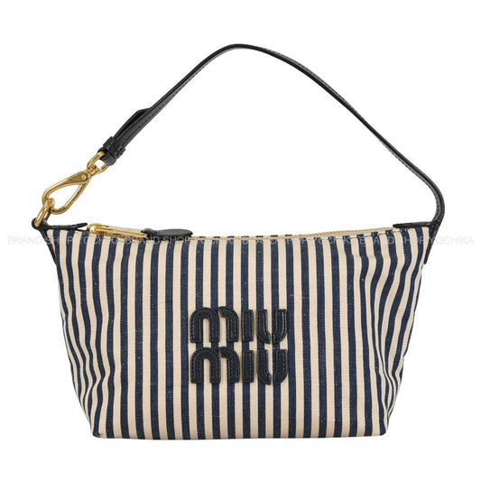 Miu Miu Pouch Stripe Logo Beige/Navy Jacquard Fabric Gold HW 5NE841_ACQ3_F0Z12[EXCELLENT][Authentic]