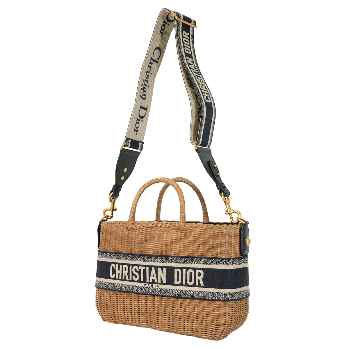 [Pre-loved] 2022 Cruise Collection Christian Dior Shoulder bag Wicker Basket Bag Large Beige/Navy Wicker/Dior Oblique Jacquard Antique Gold HW M7601CMVO M918TU[LIKE NEW][Authentic]