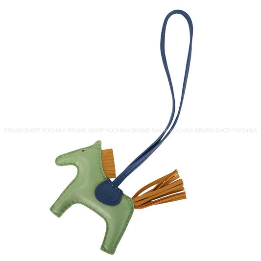HERMES bag charm Rodeo PM Vert criquet/Bleu de Malte/Sesami Agneau Milo Stamp U[ALMOST NEW][Authentic]