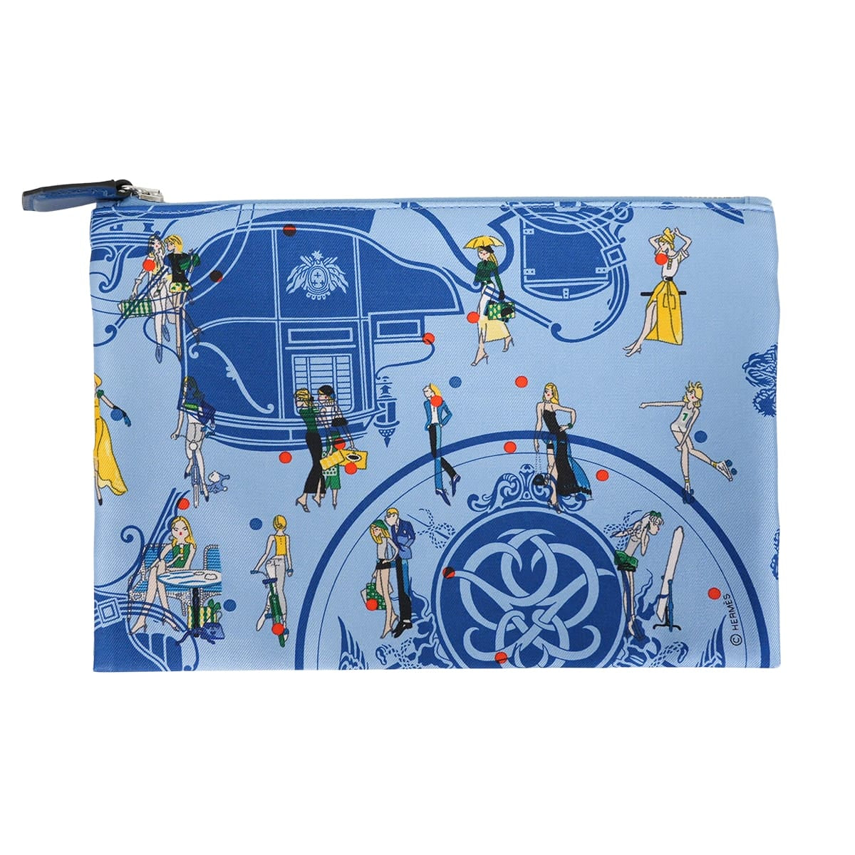 HERMES Pouch Silky Pocket Ex-Libris Parisienne Blue/Multicolor Silk/Veau Epsom Silver HW Stamp Z[EXCELLENT][Authentic]
