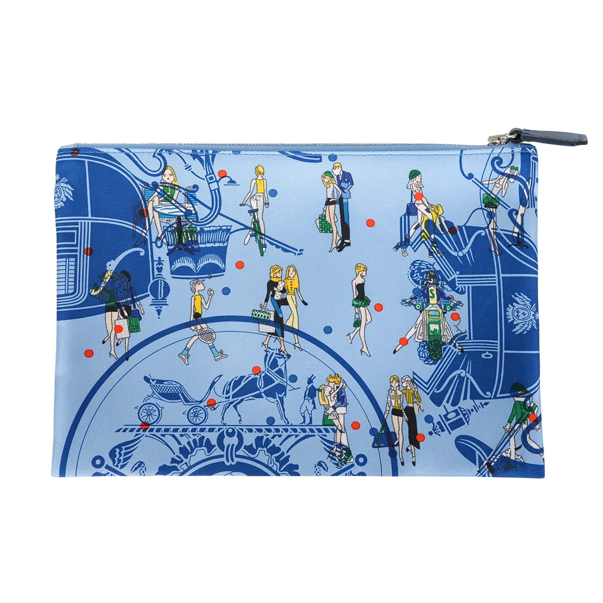 HERMES Pouch Silky Pocket Ex-Libris Parisienne Blue/Multicolor Silk/Veau Epsom Silver HW Stamp Z[EXCELLENT][Authentic]