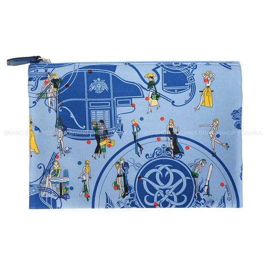 HERMES Pouch Silky Pocket Ex-Libris Parisienne Blue/Multicolor Silk/Veau Epsom Silver HW Stamp Z[EXCELLENT][Authentic]