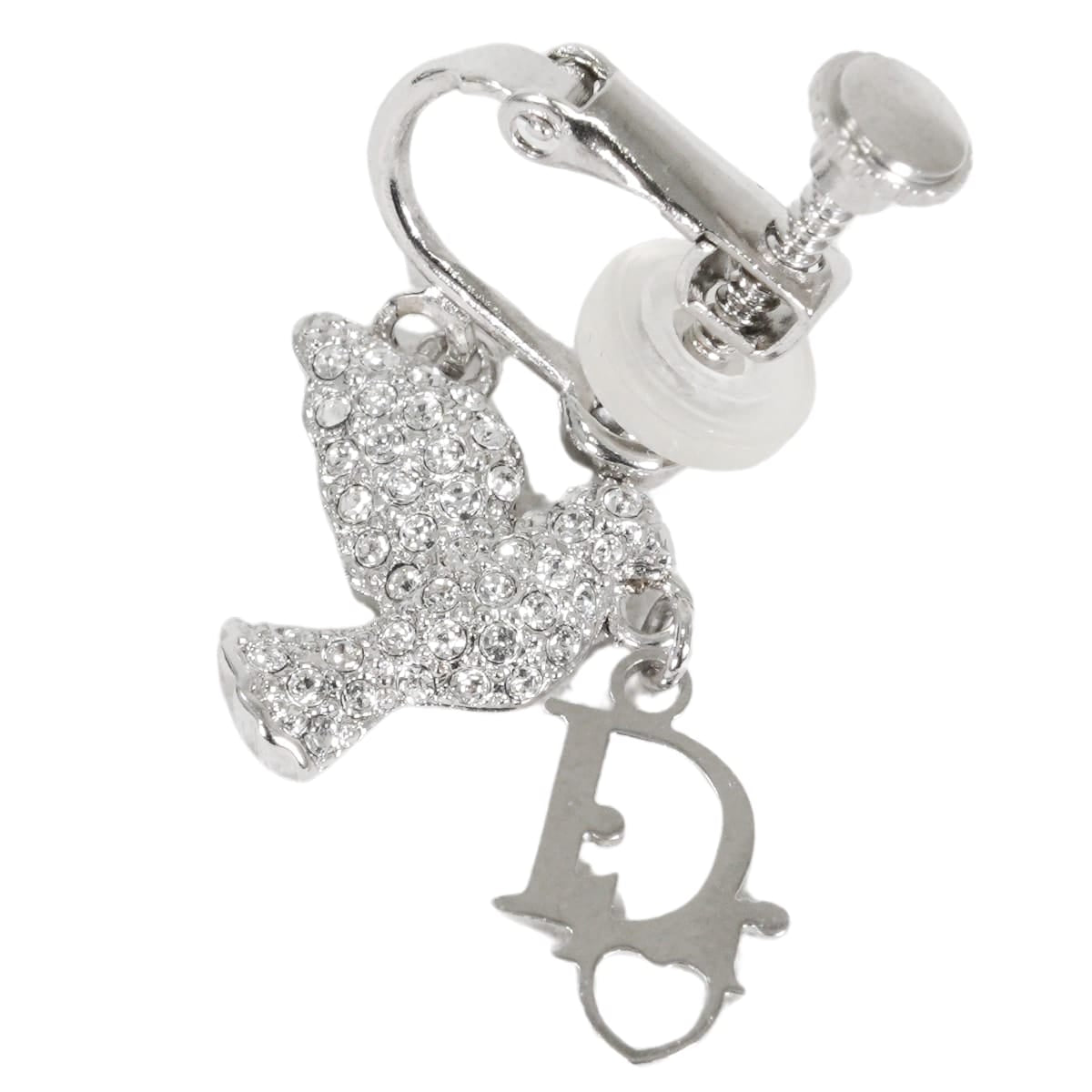 [Pre-loved] Christian Dior earrings Vintage Dove Motif Rhinestone CD Logo Silver Metal Crystal[LIKE NEW][Authentic]
