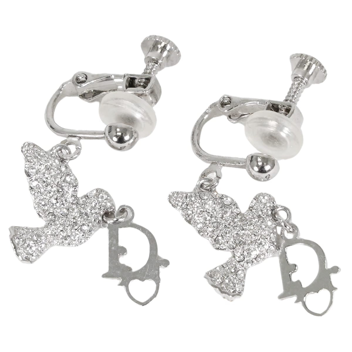 [Pre-loved] Christian Dior earrings Vintage Dove Motif Rhinestone CD Logo Silver Metal Crystal[LIKE NEW][Authentic]