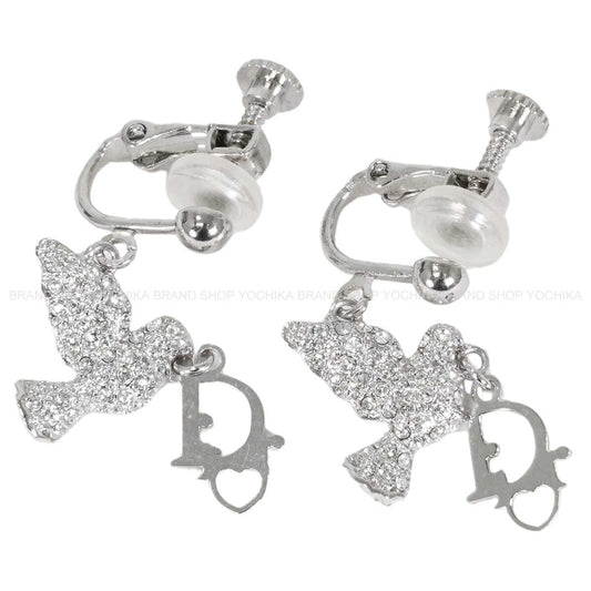 [Pre-loved] Christian Dior earrings Vintage Dove Motif Rhinestone CD Logo Silver Metal Crystal[LIKE NEW][Authentic]