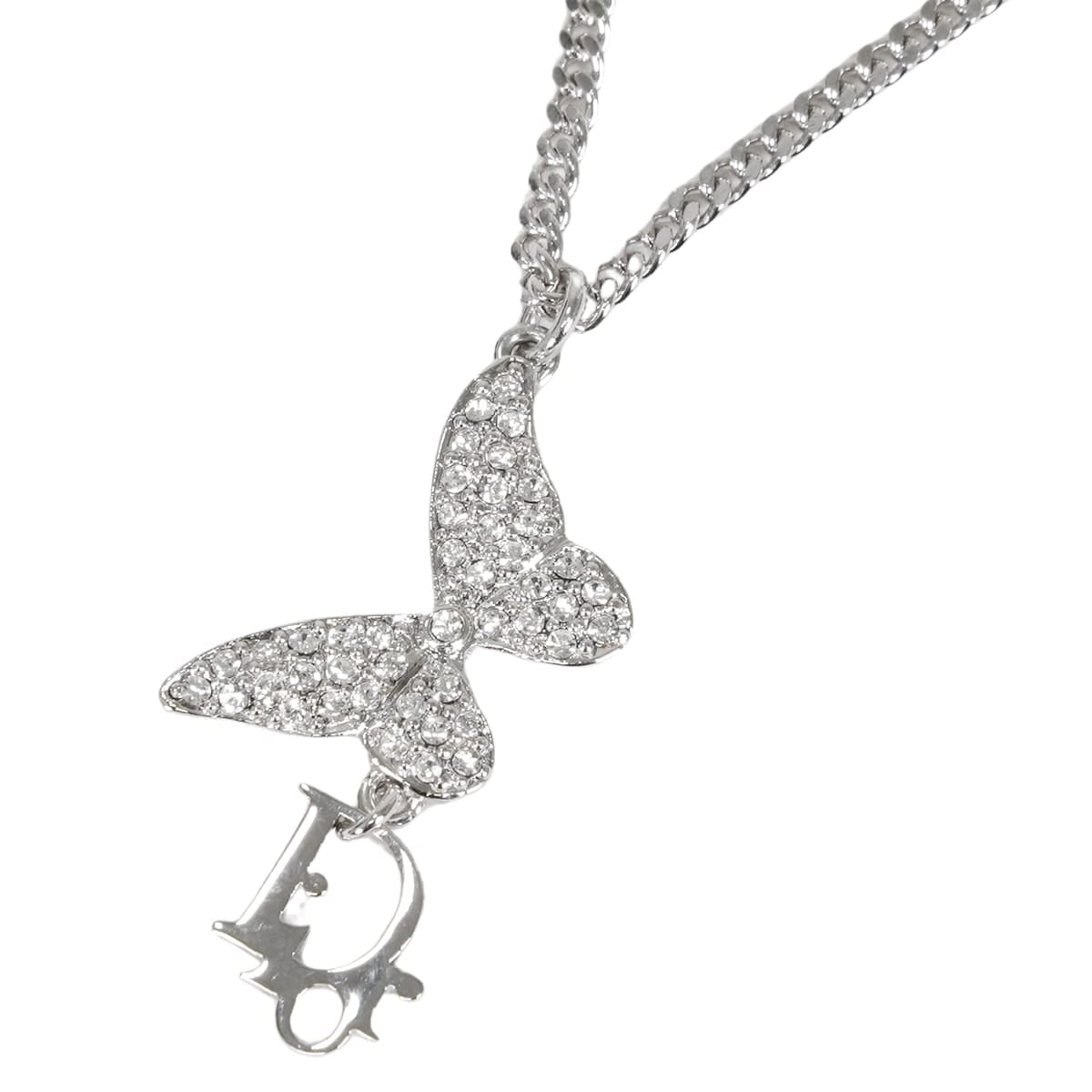 Christian Dior necklace Butterfly Motif Rhinestone CD Logo Silver Metal Crystal[EXCELLENT][Authentic]