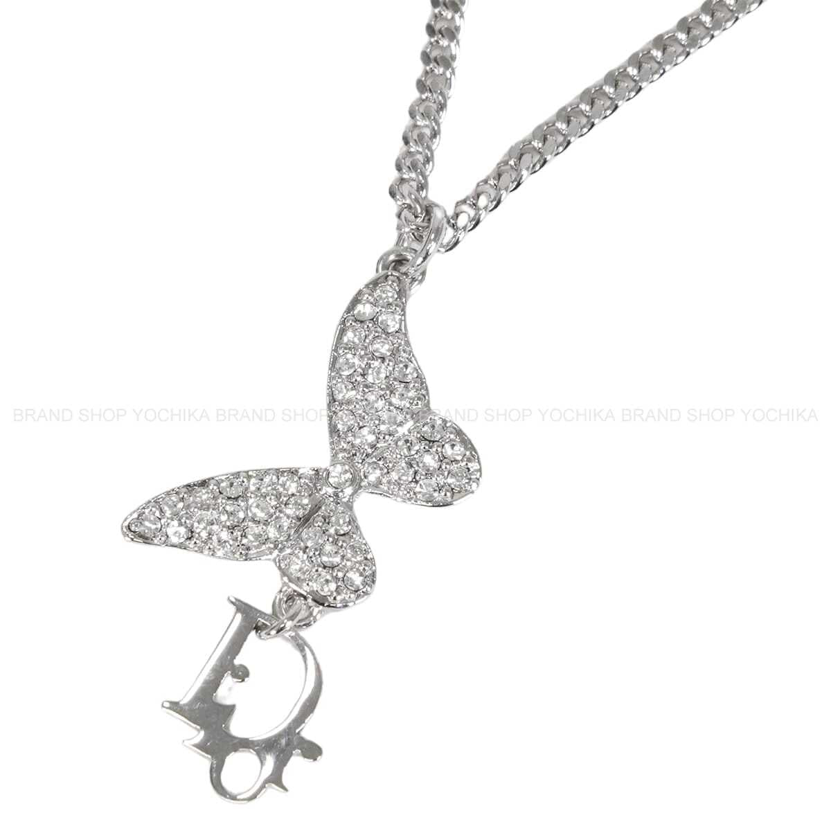 Christian Dior necklace Butterfly Motif Rhinestone CD Logo Silver Metal Crystal[EXCELLENT][Authentic]