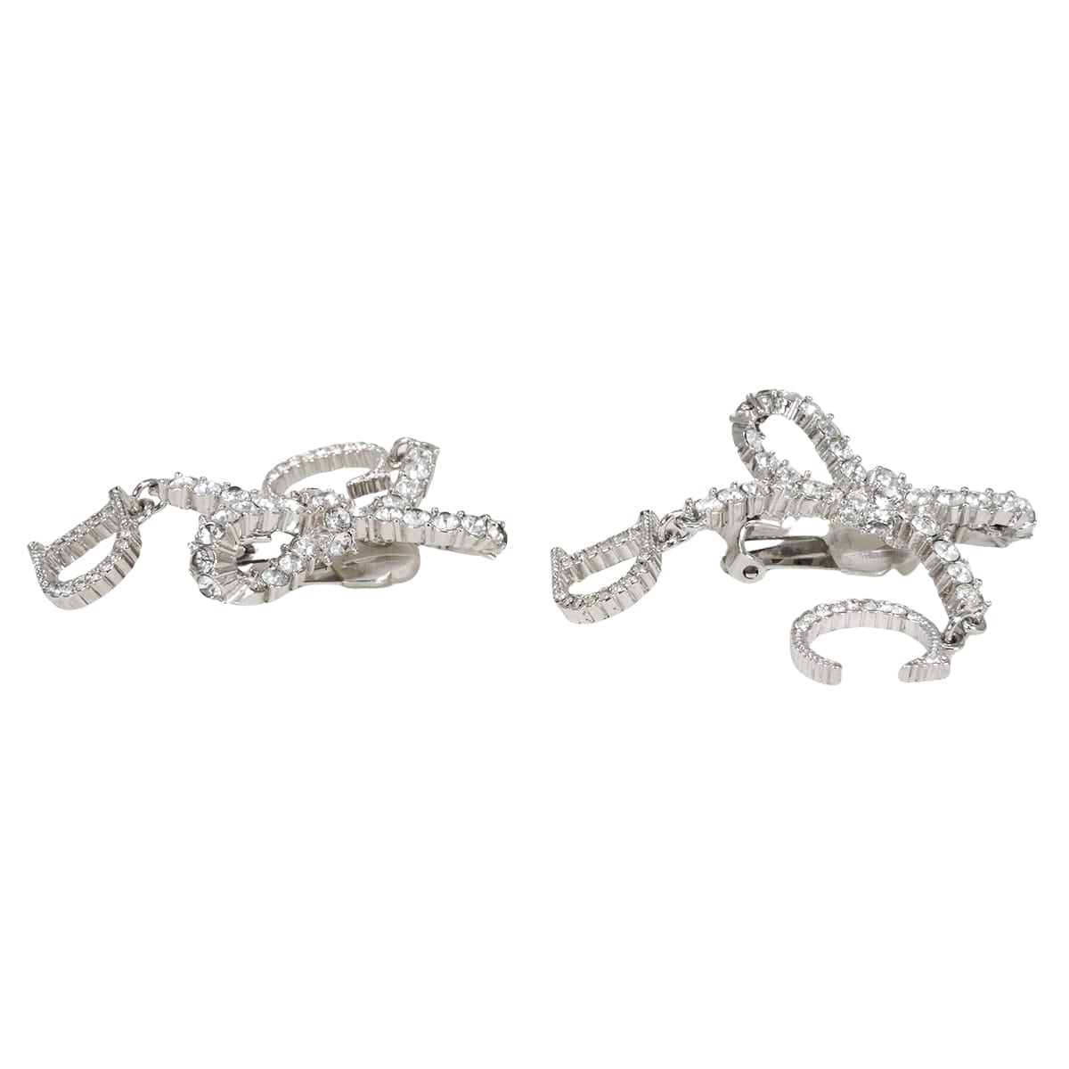 [Pre-loved] Christian Dior earrings Ribbon Motif Rhinestone CD Logo Silver Metal Crystal[LIKE NEW][Authentic]