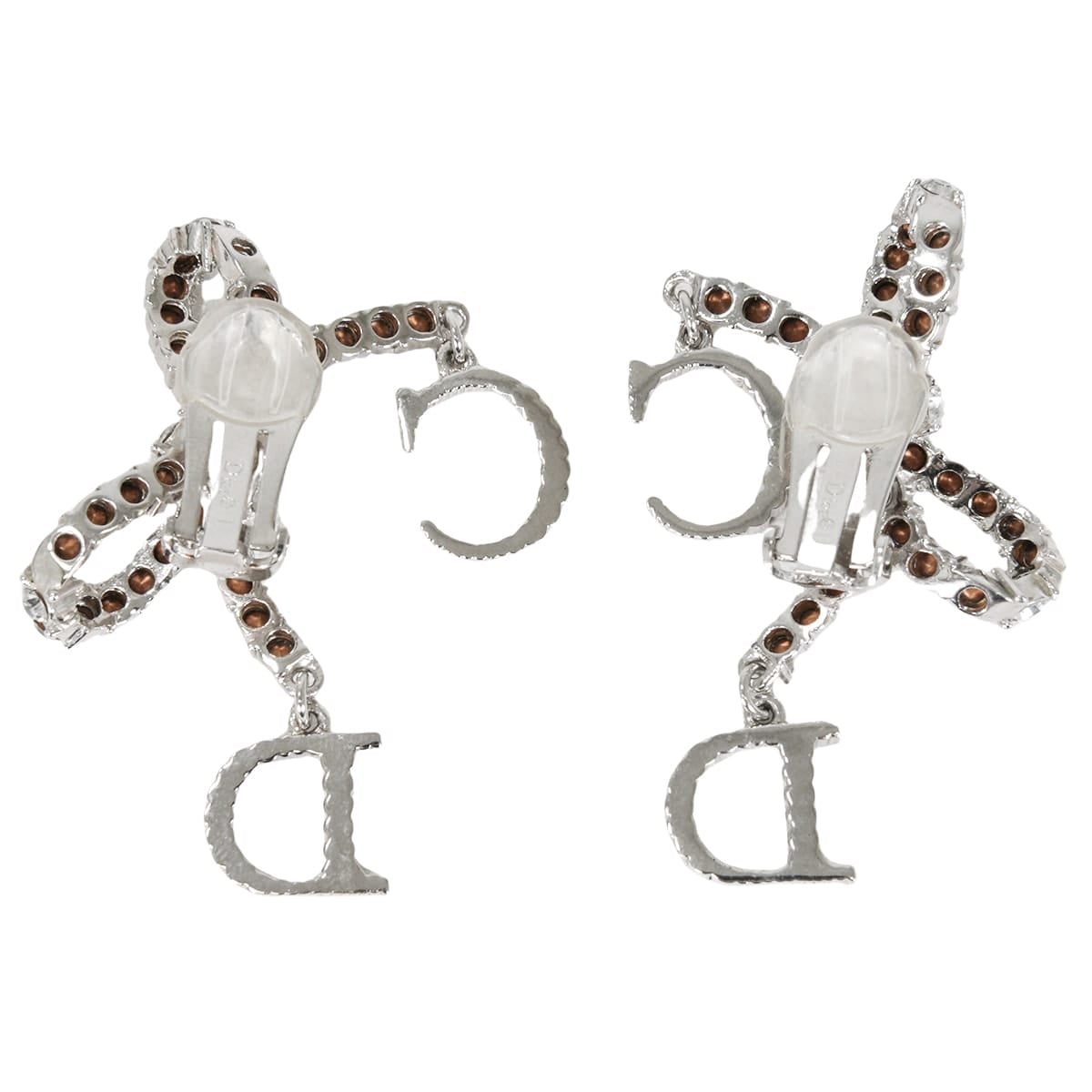 [Pre-loved] Christian Dior earrings Ribbon Motif Rhinestone CD Logo Silver Metal Crystal[LIKE NEW][Authentic]