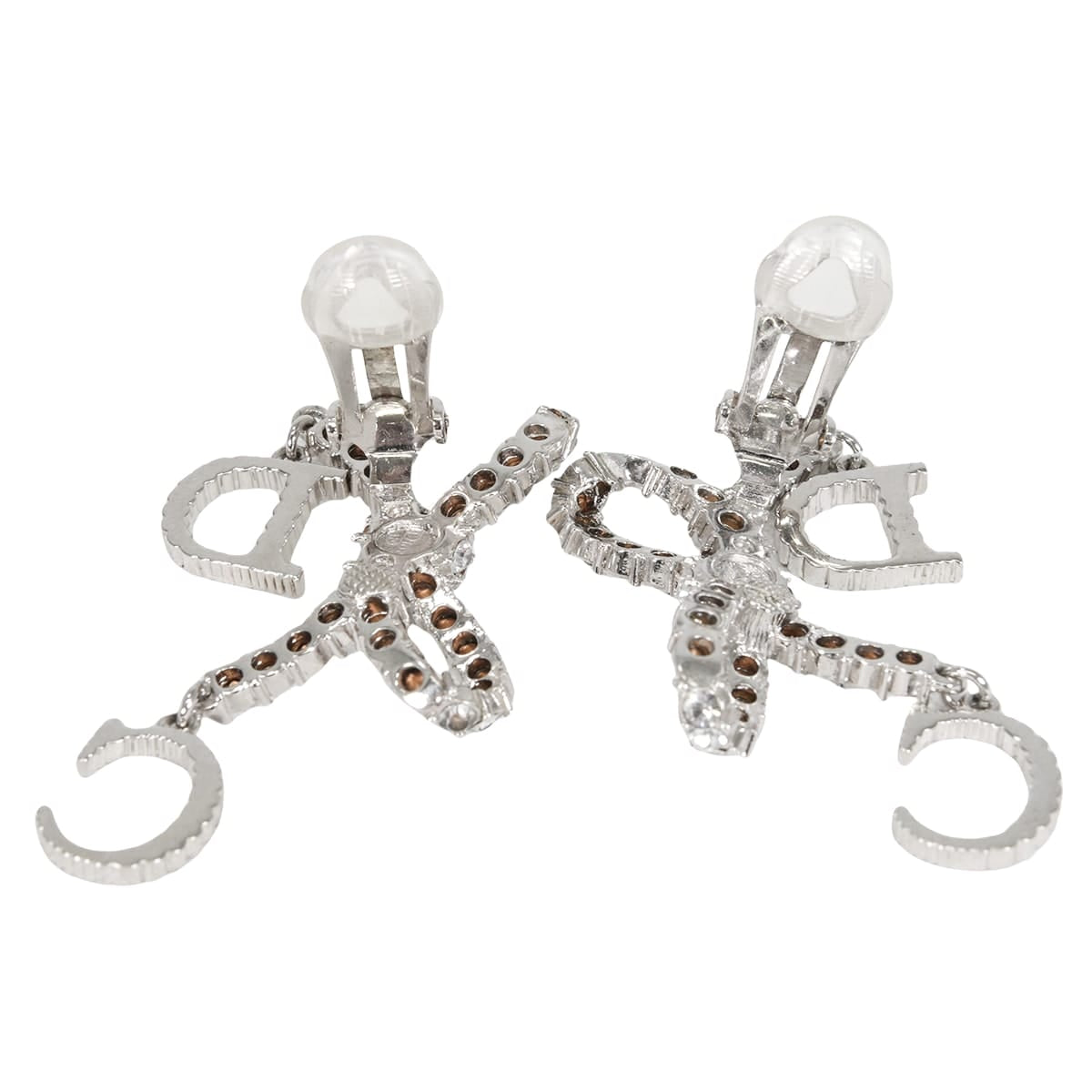 [Pre-loved] Christian Dior earrings Ribbon Motif Rhinestone CD Logo Silver Metal Crystal[LIKE NEW][Authentic]