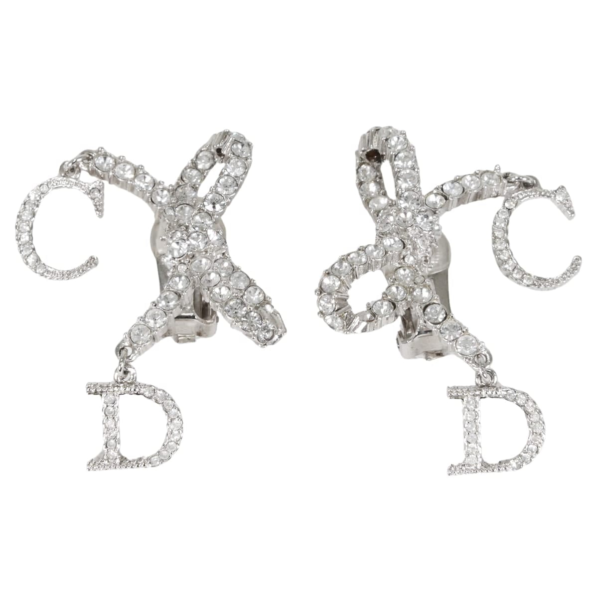 [Pre-loved] Christian Dior earrings Ribbon Motif Rhinestone CD Logo Silver Metal Crystal[LIKE NEW][Authentic]
